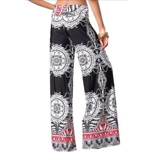 Boho Yoga Palazzo Pants Fold-Over Waist Wide Leg Black Small  Festival Party